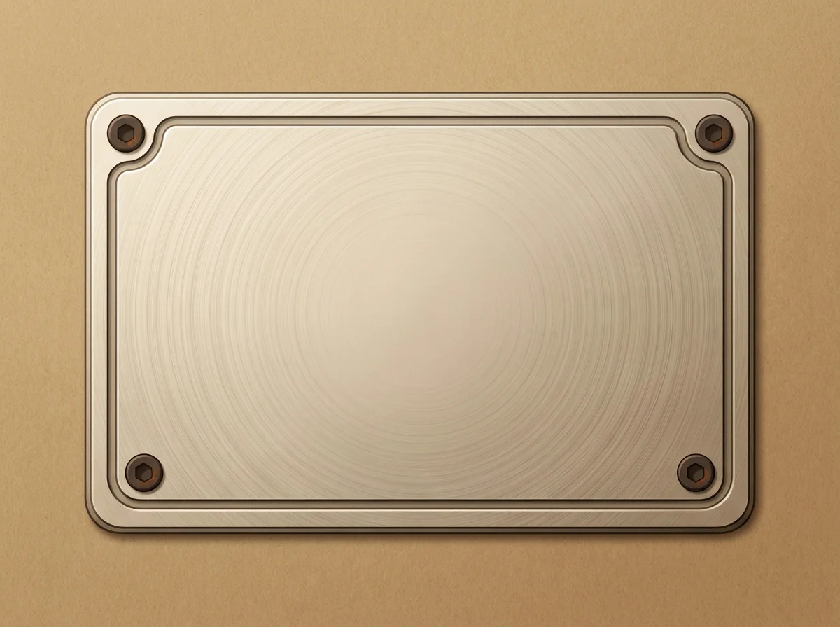 Illustrated close-up of a rectangular engraved brass nameplate with a raised milled border and a small rivet fastener at each of the four corners, resting against a plain background