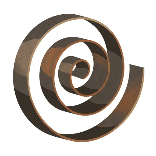 Illustrated spiral curl of turned metal shaving, on a plain background